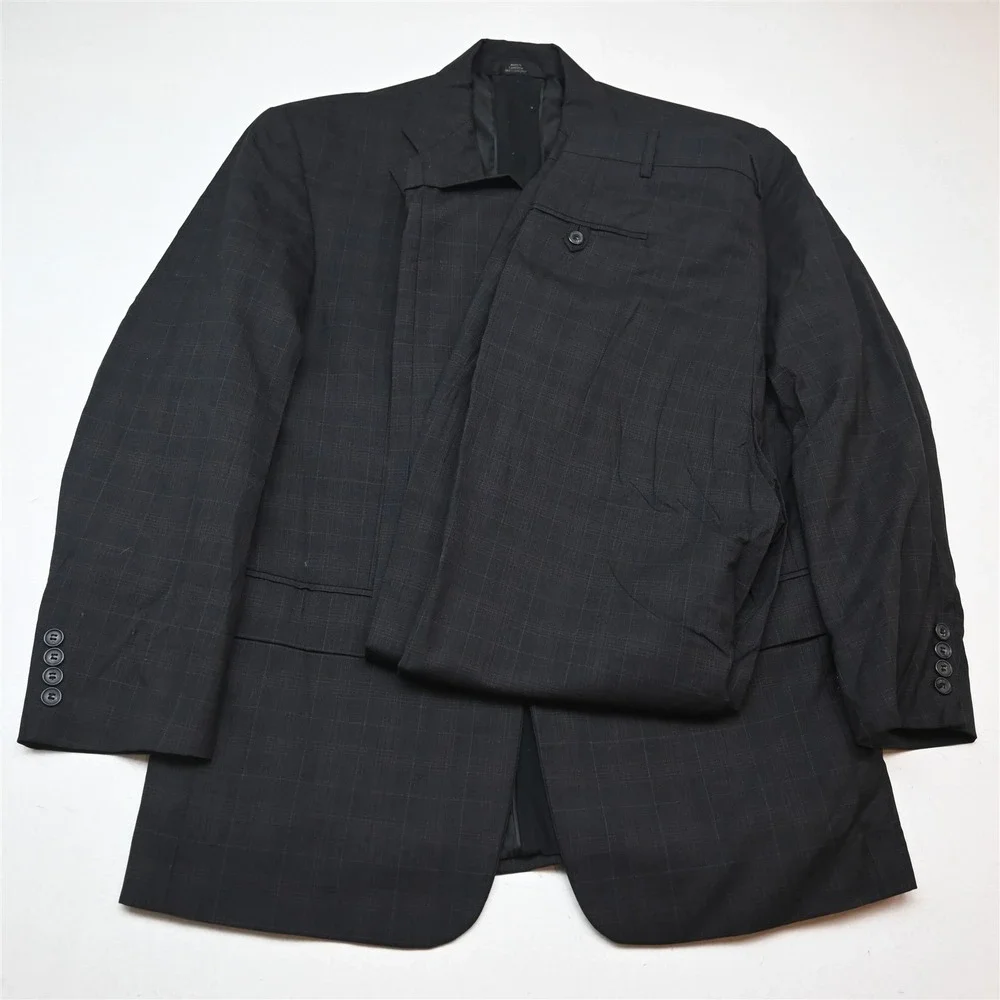 Vtg Y2K 2000s Boxy 40R 32x30 Gray Check Mens Jacket Pants Suit